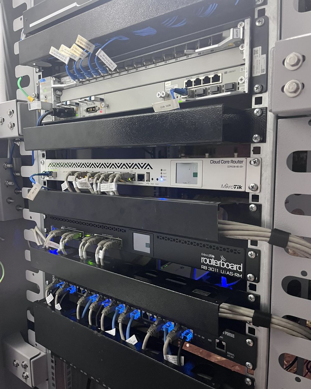 Rack com roteadores e cabos identificados