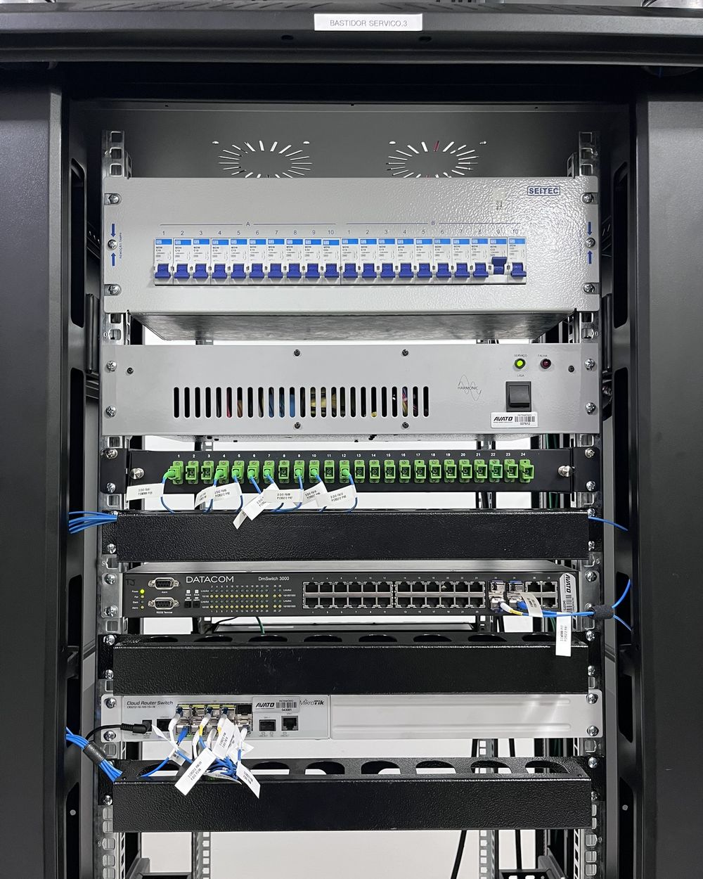 Rack montado com distribuição de energia, DIO e switch